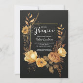 ブラック金ゴールドフローラ水彩ブライダルシャワー 招待状 (正面)
