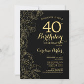 ブラック金ゴールドフローラ40th誕生日パーティの招待状 招待状 (正面)