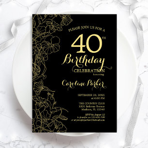 ブラック金ゴールドフローラ40th誕生日パーティの招待状 招待状