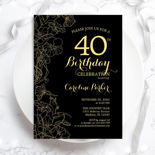 ブラック金ゴールドフローラ40th誕生日パーティの招待状 招待状