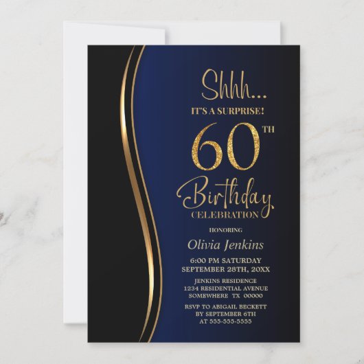 ブラック金ゴールドブルーサプライズ60誕生日 招待状 (正面)