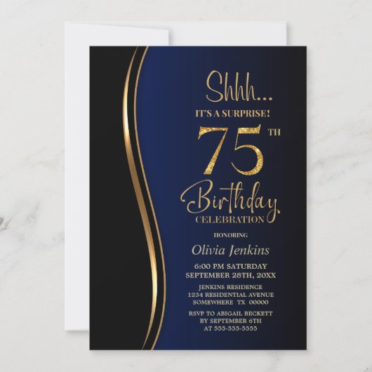 ブラック金ゴールドブルーサプライズ75誕生日 招待状 (正面)