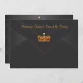 ブラック金ゴールドプリンセスクラウンスウィート16パーティー 招待状 (正面/裏面)