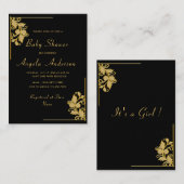 ブラック金ゴールドベビーガールシャワー招待状テンプレート ノートカード (正面/裏面)
