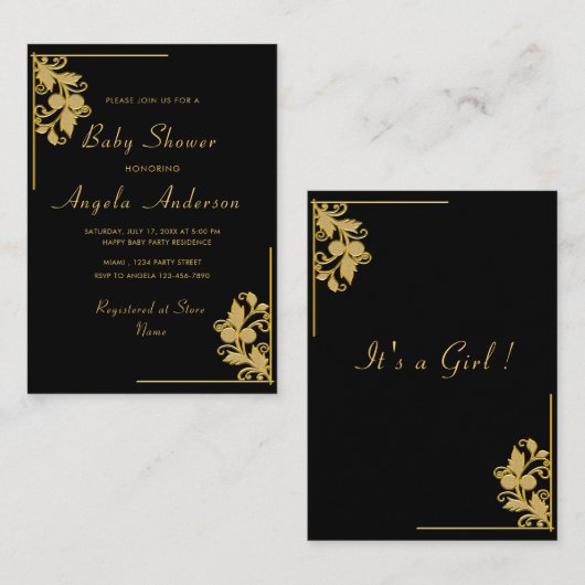 ブラック金ゴールドベビーガールシャワー招待状テンプレート ノートカード (正面/裏面)