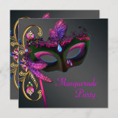 ブラック金ゴールドホットピンクマスカレードパーティー 招待状 (正面/裏面)