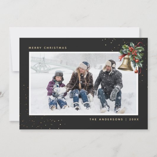 ブラック金ゴールドホリーベリークリスマスベル写真 シーズンカード (正面)