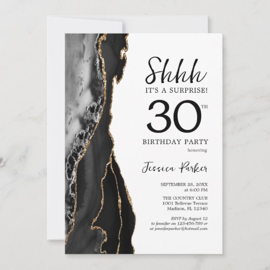 ブラック金ゴールドホワイトアゲートサプライズ30th誕生日 招待状 (正面)