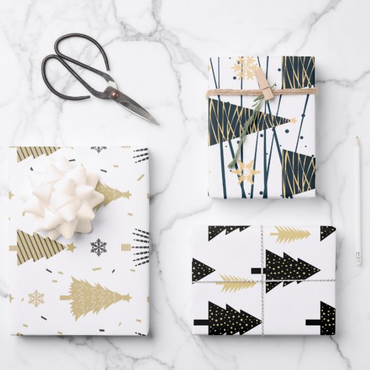 ブラック金ゴールドホワイトクリスマスツリーホリデーパターン ラッピングペーパーシート (正面)