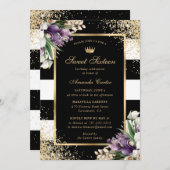 ブラック金ゴールドホワイトパープルオーキッドスウィート16誕生日 招待状 (正面/裏面)