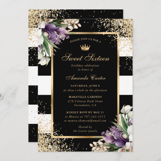ブラック金ゴールドホワイトパープルオーキッドスウィート16誕生日 招待状 (正面/裏面)