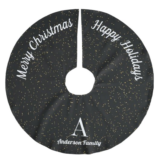 ブラック金ゴールドホワイトファミリーネームクリスマスツリースカート ブラッシュドポリエステルツリースカート (正面)