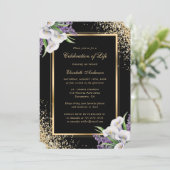 ブラック金ゴールドホワイトフローラフォトお祝いオブ・ライフ 招待状 (スタンド正面)