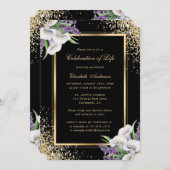ブラック金ゴールドホワイトフローラフォトお祝いオブ・ライフ 招待状 (正面/裏面)
