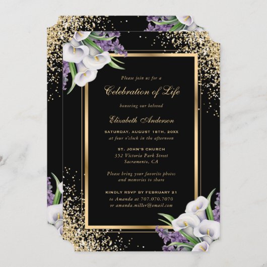 ブラック金ゴールドホワイトフローラフォトお祝いオブ・ライフ 招待状 (正面/裏面)