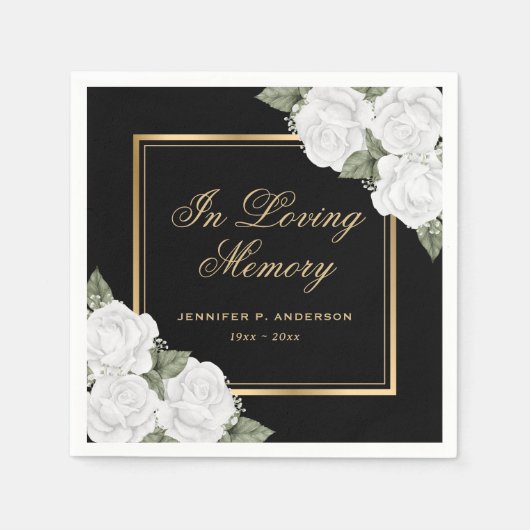 ブラック金ゴールドホワイトフローラメモリアル葬儀 スタンダードカクテルナプキン (正面)