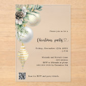 ブラック金ゴールドホワイトボーブルQRコードクリスマスパーティー アクリル招待状 (正面)