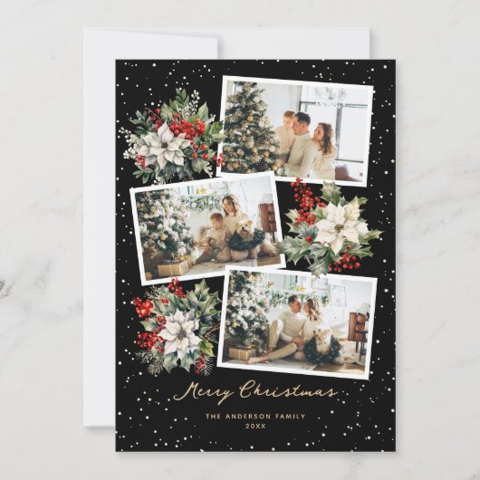 ブラック金ゴールドホワイトポインセチア写真メリークリスマス シーズンカード (正面)