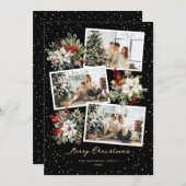 ブラック金ゴールドホワイトポインセチア写真メリークリスマス シーズンカード (正面/裏面)