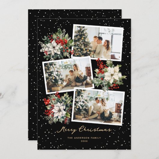 ブラック金ゴールドホワイトポインセチア写真メリークリスマス シーズンカード (正面/裏面)