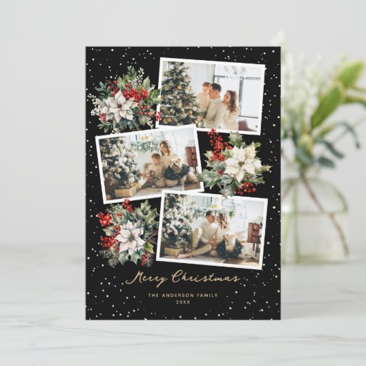 ブラック金ゴールドホワイトポインセチア写真メリークリスマス シーズンカード (スタンド正面)