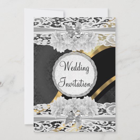 ブラック金ゴールドホワイトレースビンテージ結婚式 招待状 (裏面)