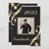 ブラック金ゴールドホワイト卒業2025 招待状 (正面/裏面)