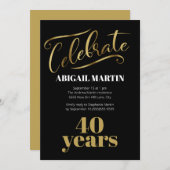 ブラック金ゴールドホワイト40歳の誕生日パーティー 招待状 (正面/裏面)