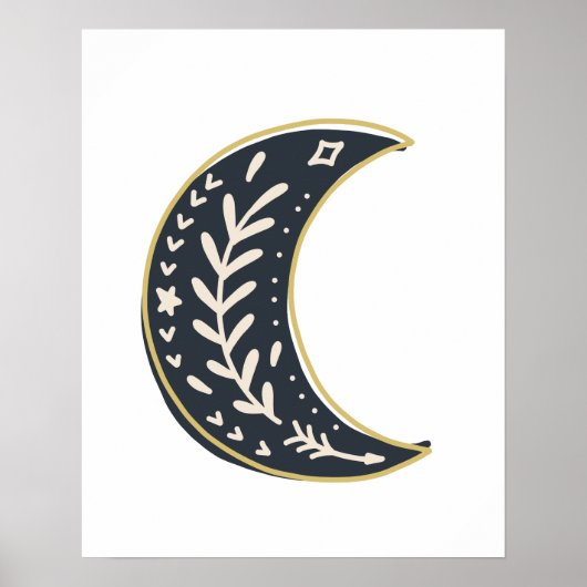 ブラック金ゴールドボヘミアンフローラムーン抽象芸術アート ポスター (正面)