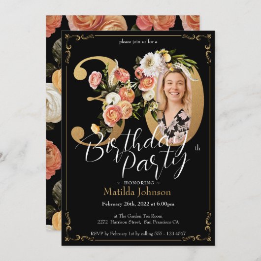 ブラック金ゴールドボホフローラ30歳の誕生日 招待状 (正面/裏面)