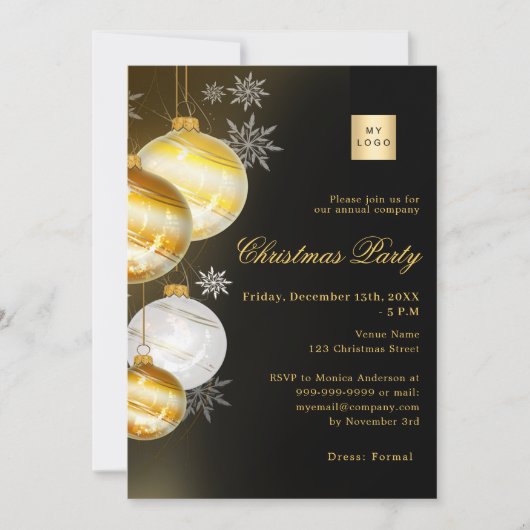 ブラック金ゴールドボーブル会社のロゴクリスマスパーティー 招待状 (正面)