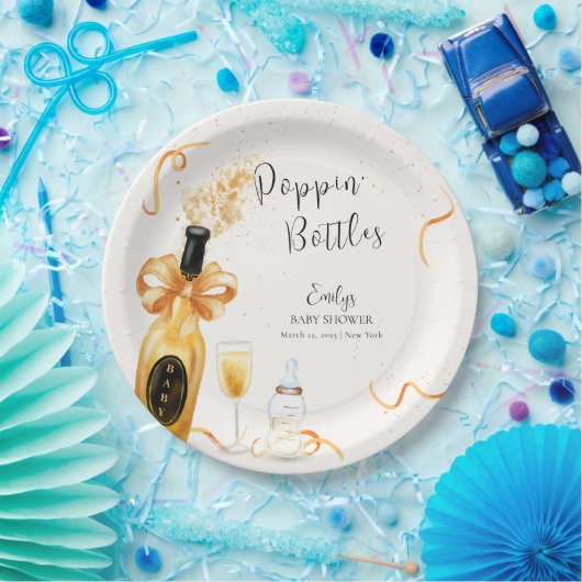ブラック金ゴールドポピンボトルシャンパンベビーシャワー ペーパープレート (パーティー)