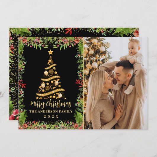 ブラック金ゴールドマジカルクリスマスホリーベリー3写真 シーズンカード (正面/裏面)