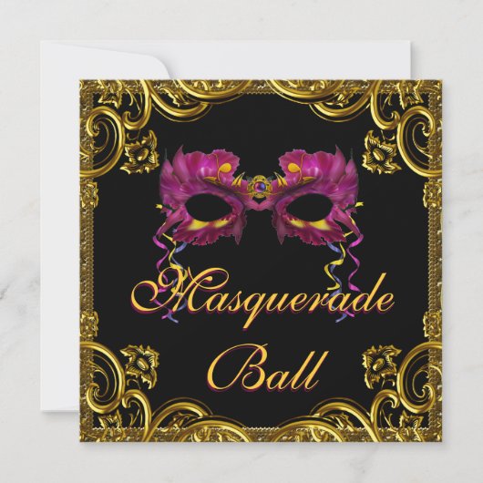 ブラック金ゴールドマスクマスカレードパーティー 招待状 (正面)