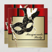 ブラック金ゴールドマスクレッドブラックマスカレードパーティー 招待状 (正面/裏面)