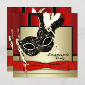 ブラック金ゴールドマスクレッドブラックマスカレードパーティー 招待状 (正面/裏面)