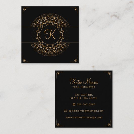 ブラック金ゴールドマンダラエレガントヨガインストラクター スクエア名刺 (正面/裏面)