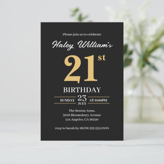 ブラック金ゴールドミニマシンプルリストモダン21歳の誕生日 招待状 (スタンド正面)