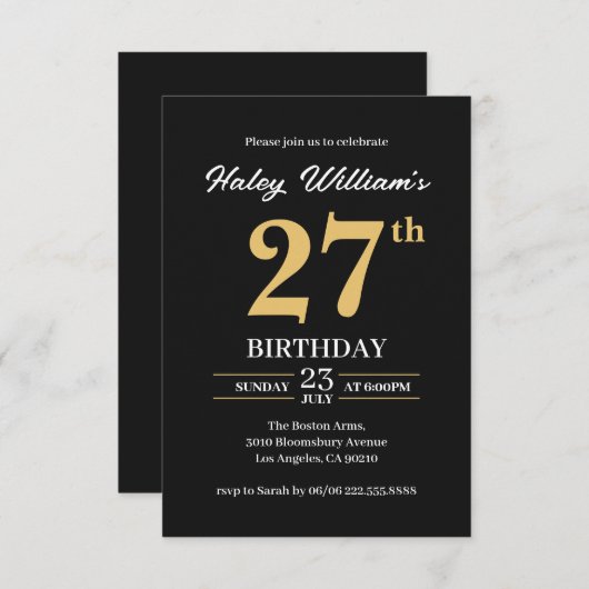 ブラック金ゴールドミニマモダンリストシンプル27番目誕生日 招待状 (正面/裏面)