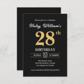 ブラック金ゴールドミニマモダンリストシンプル28番目誕生日 招待状 (正面/裏面)