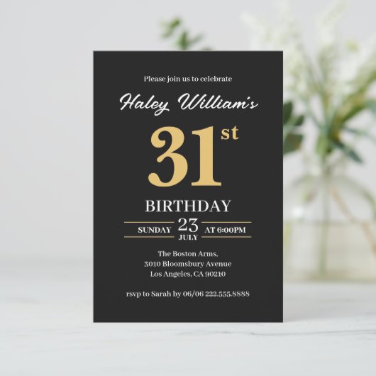 ブラック金ゴールドミニマモダンリストシンプル31番目の誕生日 招待状 (スタンド正面)
