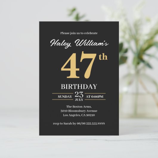 ブラック金ゴールドミニマモダンリストシンプル47位誕生日 招待状 (スタンド正面)