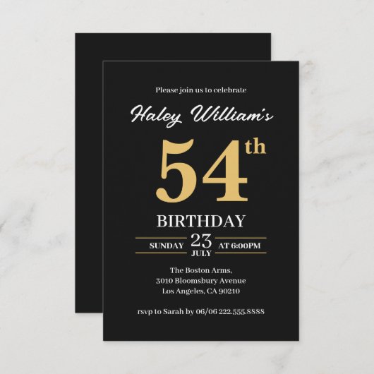 ブラック金ゴールドミニマモダンリストシンプル54番目誕生日 招待状 (正面/裏面)