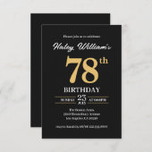 ブラック金ゴールドミニマモダンリストシンプル78番目誕生日 招待状 (正面/裏面)