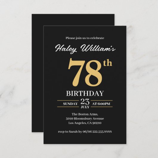 ブラック金ゴールドミニマモダンリストシンプル78番目誕生日 招待状 (正面/裏面)