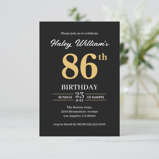 ブラック金ゴールドミニマモダンリストシンプル86位誕生日 招待状 (スタンド正面)