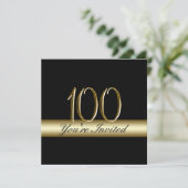 ブラック金ゴールドメタル印刷100番目の誕生日招待状 招待状 (スタンド正面)