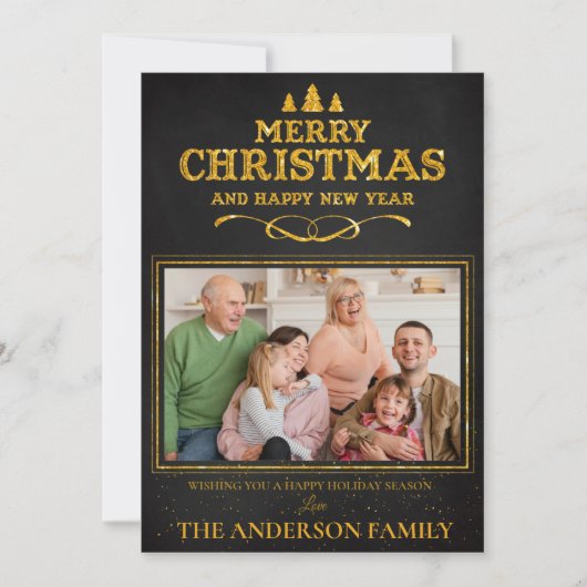 ブラック金ゴールドメリークリスマスハッピーニューイヤー写真 シーズンカード (正面)