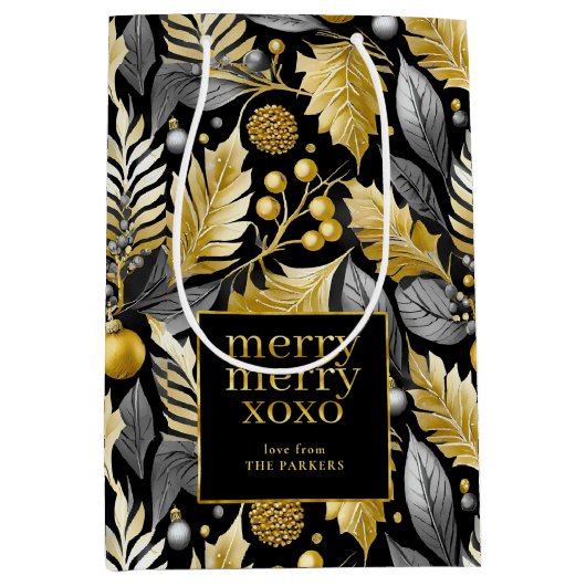 ブラック金ゴールドメリークリスマスパターン#22 ID1009 ミディアムペーパーバッグ (正面)