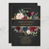 ブラック金ゴールドメルロネイビーフローラ開花結婚ズ 招待状 (正面/裏面)